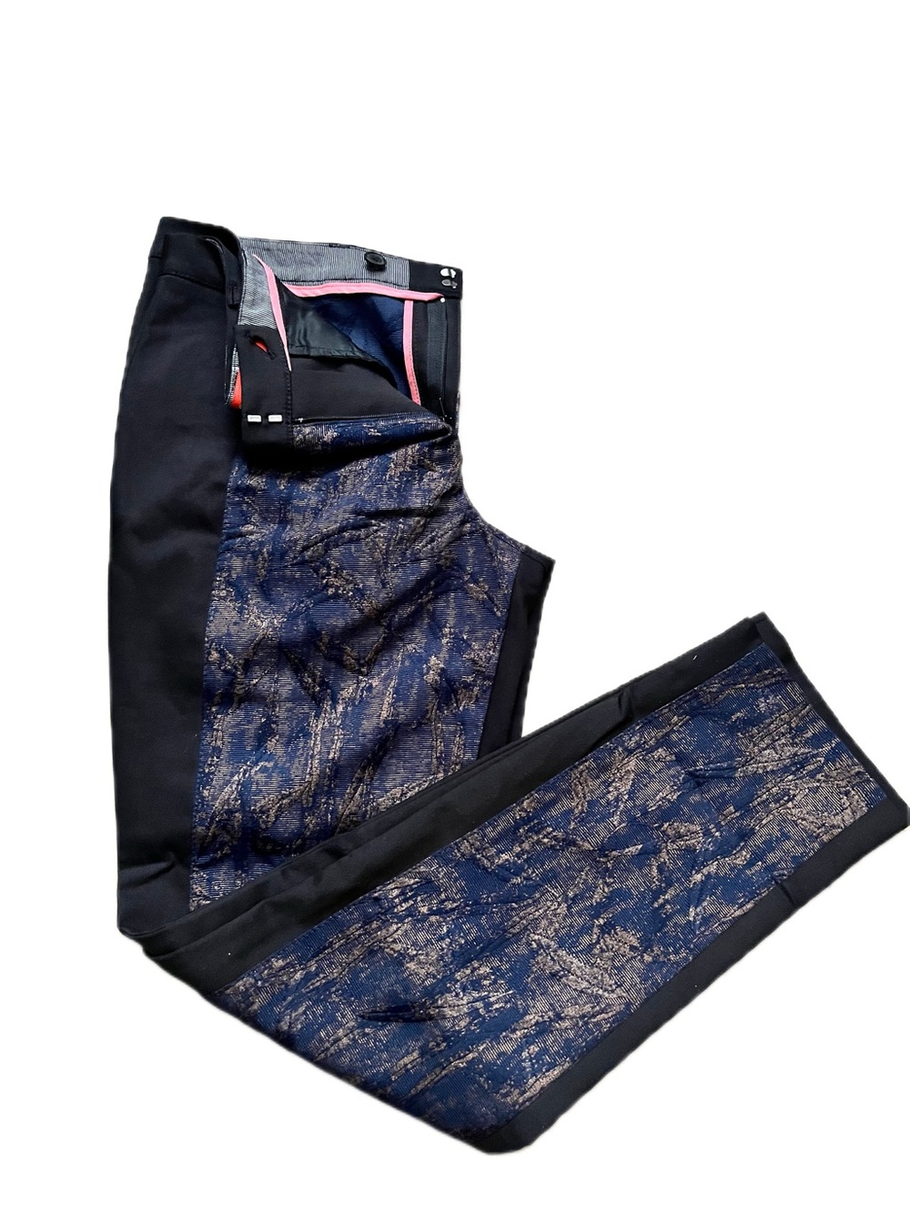 Anthropologie Cartonnier Metallic Jacquard Panel Tuxedo Pants Size 6 Black Navy